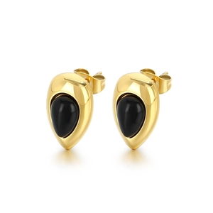 Élégantes boucles d'oreilles goutte dorées 18K avec pierres noires œil de chat
