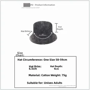 Detailed size guide for cotton bucket hat showing circumference, brim, and depth dimensions
