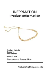 Detail showing gold chain bracelet dimensions with adjustable drawcord and rhinestones