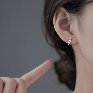 Minimalist S925 sterling silver bar earrings with sparkling micro-pave zirconia crystals
