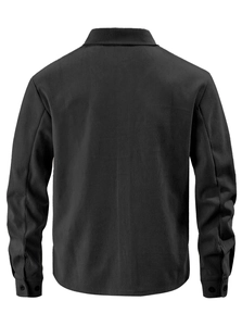 Back view of black corduroy shirt jacket showing vertical ribbed texture and buttoned cuffs
