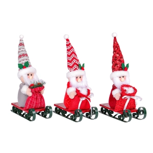 Three-piece set of Santa Claus gnome dolls on sleds with colorful hats and gift bags