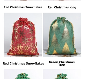 Detail of cotton Christmas gift bags with gold foil snowflake and tree patterns