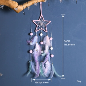 Pink star dream catcher with pastel feathers and size labels for kids room decor