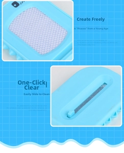 Detail of blue magnetic drawing board showing honeycomb screen and slider eraser