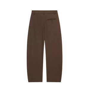 British style brown wide-leg trousers for women featuring a back view with button pocket
