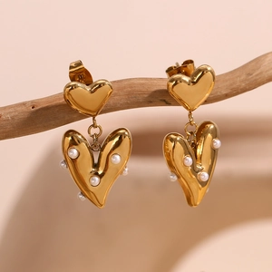 French design 18K gold plated stainless steel heart earrings with white pearl accents