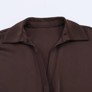 Deep brown satin blouse with classic V-neck lapel collar and smooth silk texture
