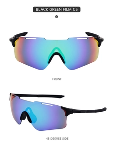 Front and 45 degree side view of matte black sports sunglasses with green mirrored lenses
