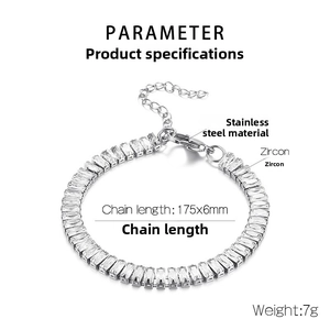 Détail du bracelet en acier inoxydable argenté avec zircons rectangulaires et dimensions