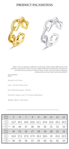 Detailed size chart showing inner diameters and finger circumference for the silver ring