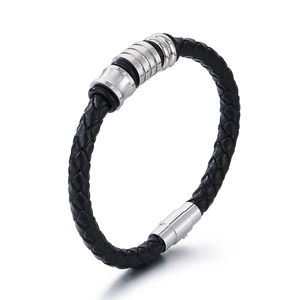 Braided black leather bracelet with silver magnetic clasp and cylindrical beads