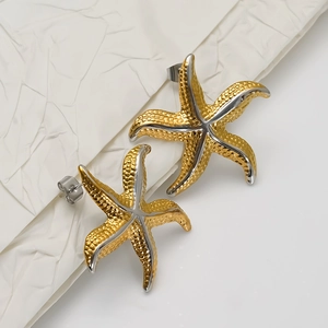Two-tone stainless steel starfish stud earrings with a textured gold and silver finish