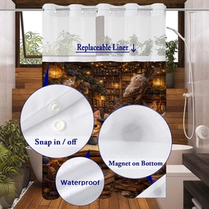 Detail of waterproof shower curtain with snap-in liner and magnetic weighted hem