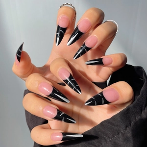 Faux Ongles Long Stiletto À Presser Pointe Française Noire Lignes Pailletées Argentées Base Rose Tendance