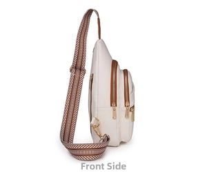 Detail view of cream lychee texture faux leather chest bag with geometric woven strap