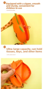 Detail showing the internal capacity and durable zipper of the silicone orange purse