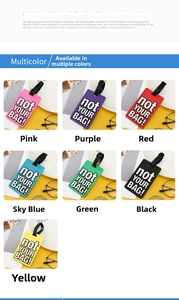 Detail of soft PVC luggage tag with Not Your Bag slogan and secure adjustable strap