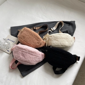Minimalist faux fur crossbody waist bags in khaki, off-white, pink and black colors