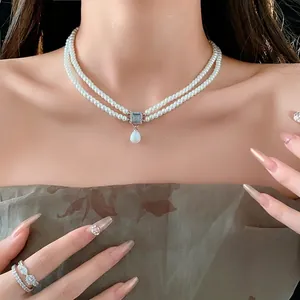 Double Layered Shell Artificial Pearl Necklace With Copper Square Zircon Water Drop Pendant French Vintage Elegant Jewelry For Women