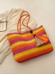 Straw Woven Tote Bag Large Capacity Rainbow Striped Beach Vacation Shoulder Bag With Tassel Wood Beads For Women