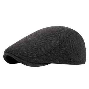 Classic dark grey herringbone beret cap for men in autumn and winter with flat top design