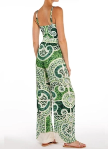 Vue détaillée d'un ensemble femme vert émeraude à imprimé géométrique et pantalon large