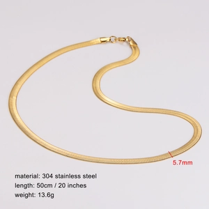 5.7mm wide 18K gold plated stainless steel flat snake chain necklace on white background