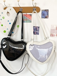Kawaii heart-shaped JK Lolita ita bag with transparent window in black and beige colors
