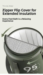 Detail of green collapsible foot bath bucket with zipper lid and thermal aluminum lining