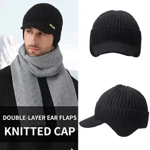 Winter thermal knit beanie hat and scarf set for men with ear flaps and visor