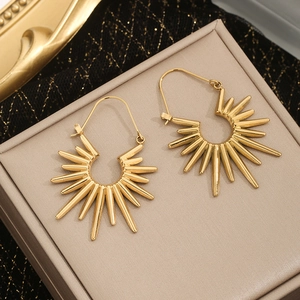 Chic golden stainless steel sunburst earrings displayed on a luxury jewelry box