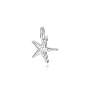 Macro view of a silver starfish pendant with textured details and a hanging loop