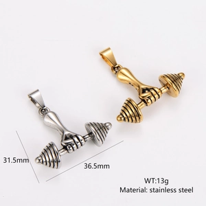 Dumbbell pendant necklace in gold and silver stainless steel for fitness enthusiasts