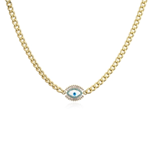 Gold stainless steel Cuban chain necklace featuring a blue zircon evil eye pendant design