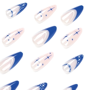 French blue and nude pink almond press-on nails with star patterns and glossy finish