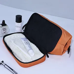 Orange double-layer travel toiletry bag with waterproof dry-wet separation design