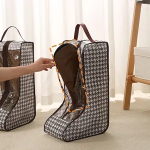 Vertical houndstooth tall boot storage bag with transparent window and handle