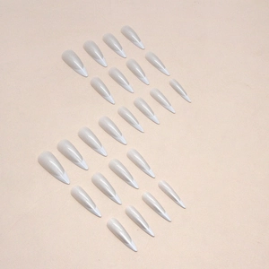 24pcs long almond French press-on nails with white tips and aurora pearl finish