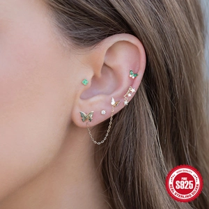 S925 sterling silver butterfly tassel earring set with zircon in minimalist gold finish