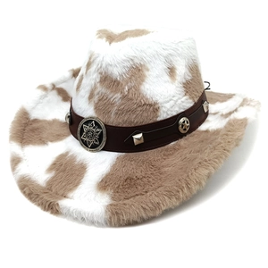 Detail of western cow print plush cowboy hat with studded brown faux leather band and badge
