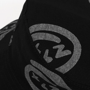 Fashionable double-sided bucket hat with graffiti star print in black twill fabric