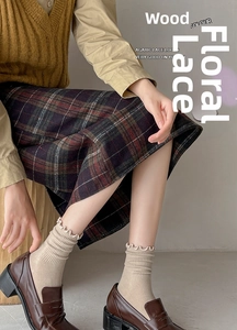 Detail of beige ruffle trim socks paired with brown loafers and a plaid skirt