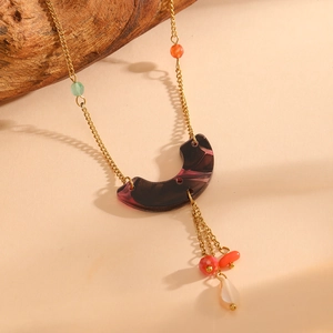 18K gold plated titanium necklace with curved arc pendant and multicolor beads fringe