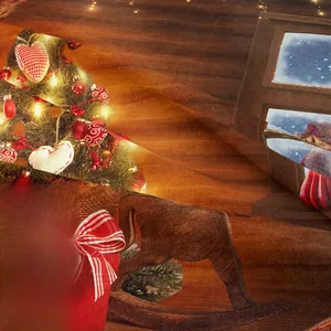 Macro detail of Bohemian Christmas tapestry showing fabric texture and festive tree prints