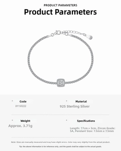Detail view of S925 sterling silver bracelet with 5A cubic zirconia square pendant and clasp