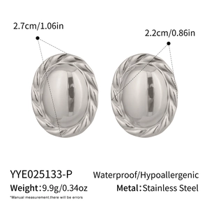 Detail of oval stainless steel stud earrings with twisted rope edge and size measurements
