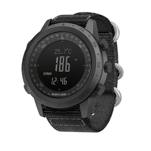 Outdoor digital watch with altimeter barometer compass and nylon strap on white background