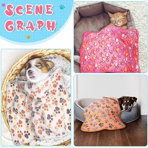 Scene graph of soft flannel pet blankets with paw prints for dogs and cats in cozy baskets