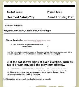 Specifications for seafood catnip toys showing materials like polyester and PP cotton